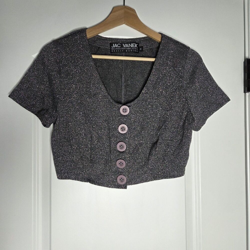 Jac Vanek Size Medium Super Cropped Silver Button Up Shirt Medium
